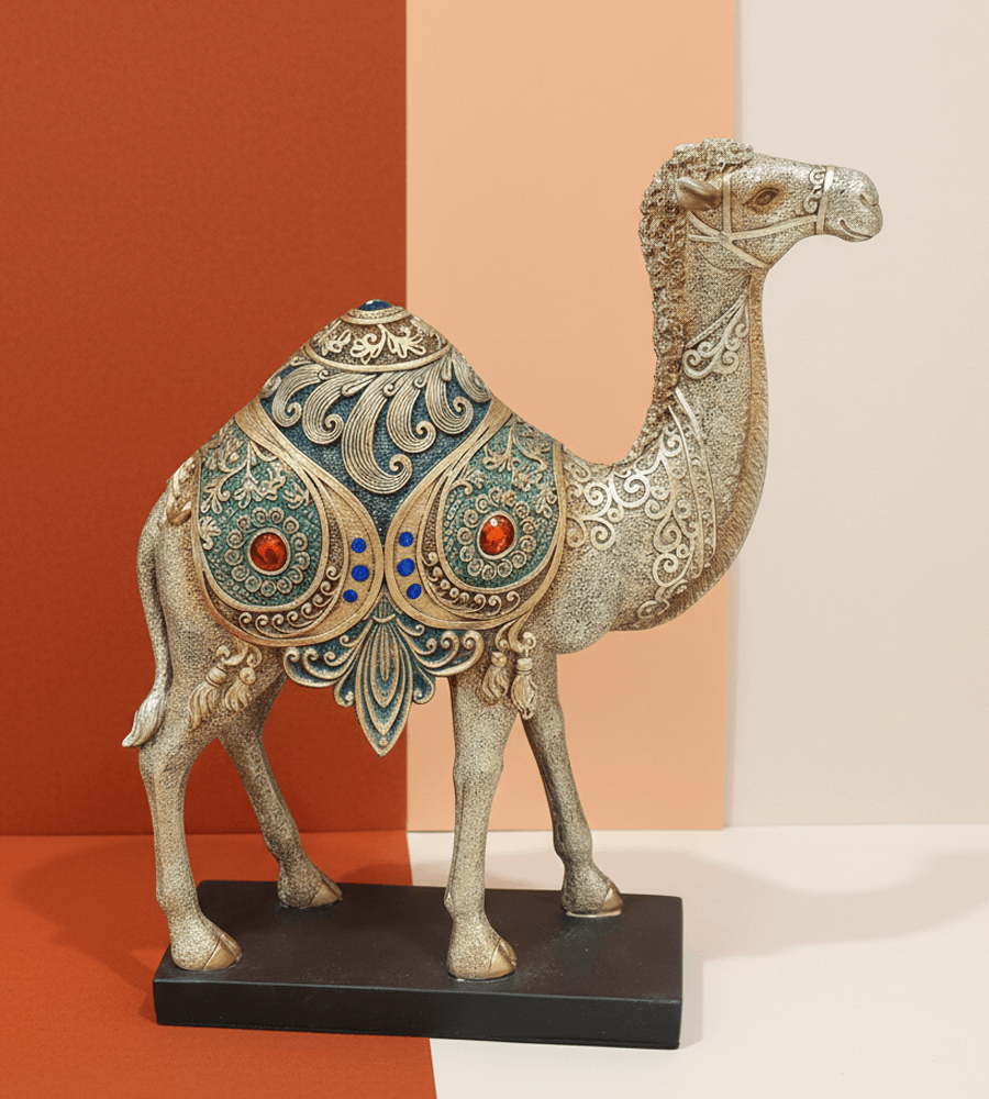 Camel Ceramic toys fore home Furniture, (Size 25.5×8.5) Camel Figurine, Ornate Gold and Turquoise Design, Standing Sculpture with Base