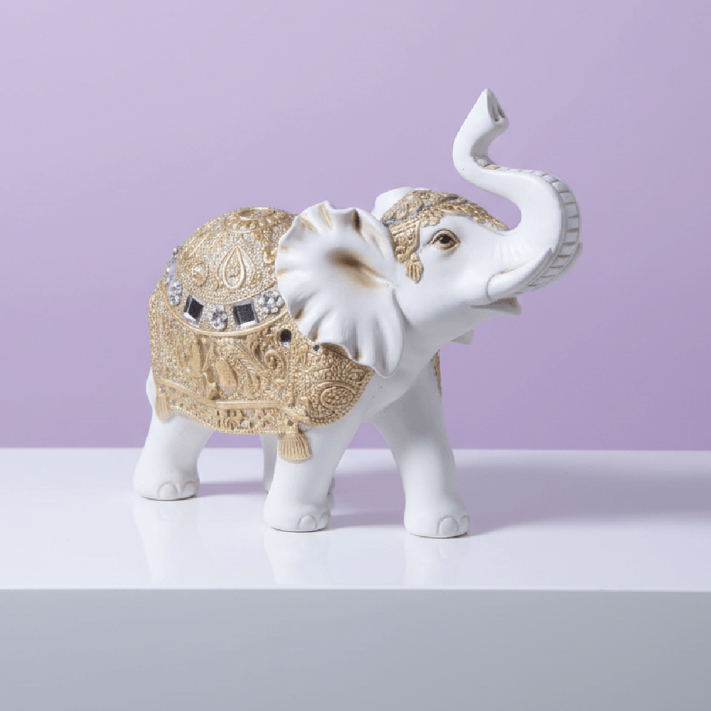 Decorative Elephant Figurine, White with Gold Ornate Design, Resin Statue, Home Decor Accent