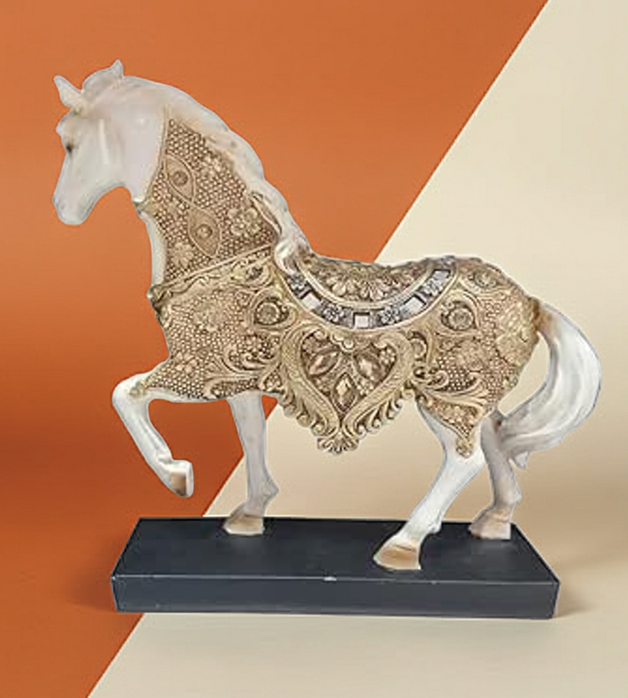 Horse White Gold Toys For Home Furniture, Decorative Horse Figurine with Gold Ornate Armor, White Resin Statue on Black Base (Size 23.5cm)