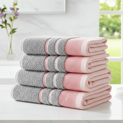 Bath Towels Set, Grey and Pink, Cotton, Striped Border Design,(Size 50×100 cm Per Piece)