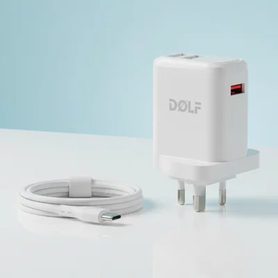 DOLF California DF-34 Quick Charger, Dual USB Output, QC6.0 Protocol, with Type-C Fast Charging Data Cable, 110-240V Wide Compatibility