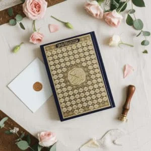 Arabic Quran Al Quran Al Kareem with Decorative Gold Pattern Cover, Navy Blue Hardcover, Islamic Holy Book القرآن العربي القرآن الكريم (Size 14x20cm)