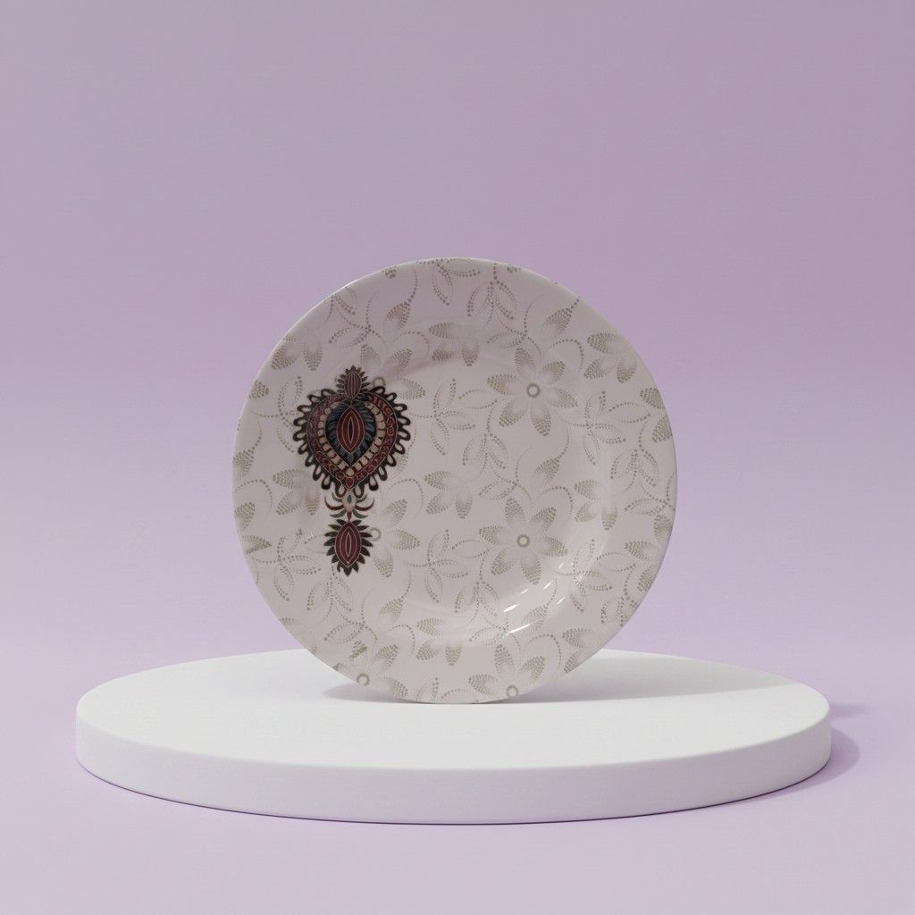 Decorative Dnwl Rlm Soup Dinner Plate, White with Floral Pattern, Ornamental Medallion Design, Round Size 9In
