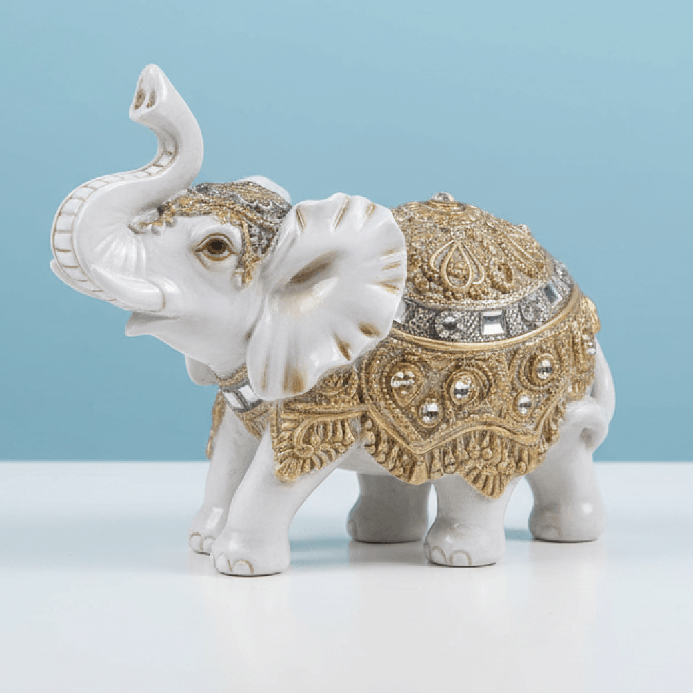 Decorative Elephant Figurine, White with Gold Ornate Design, Resin Statue, Home Decor Accent (4)
