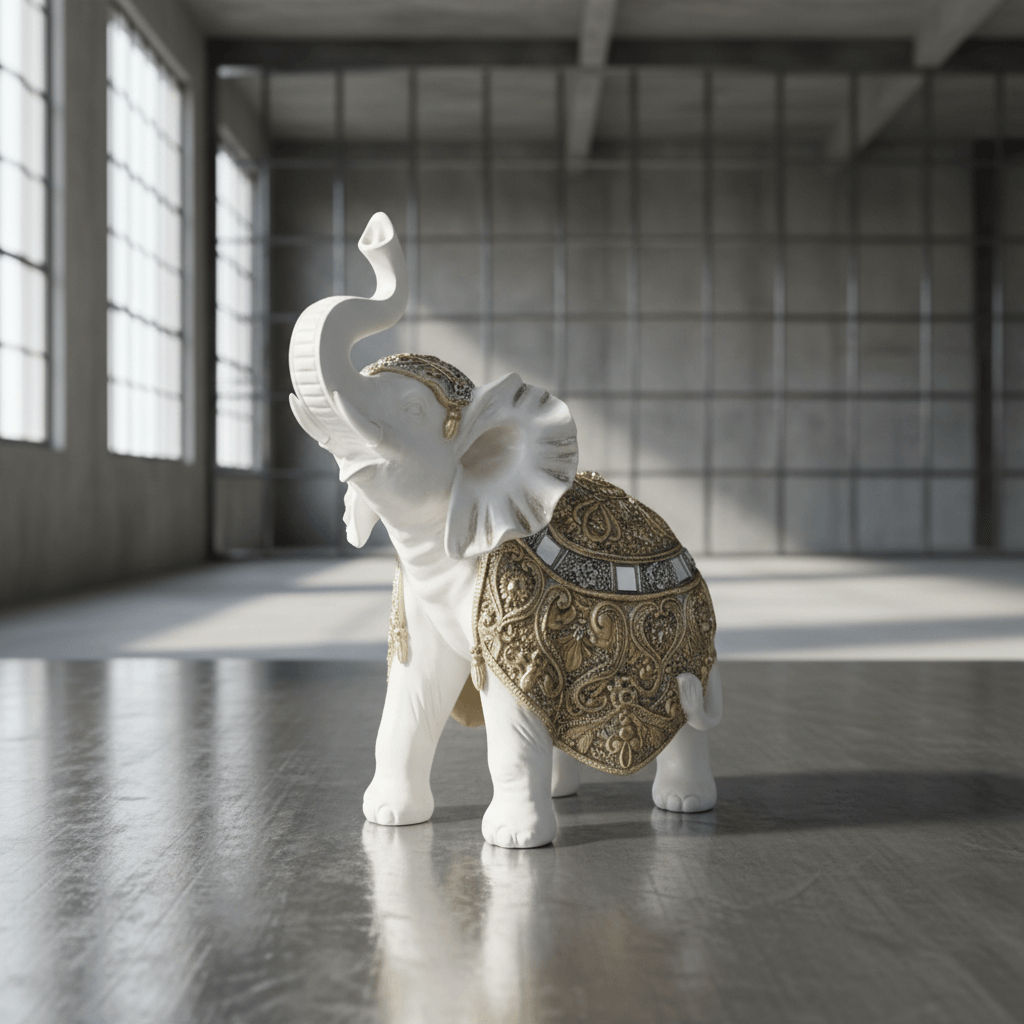 Decorative Elephant Figurine, White with Gold Ornate Design, Resin Statue, Home Decor Accent (5)