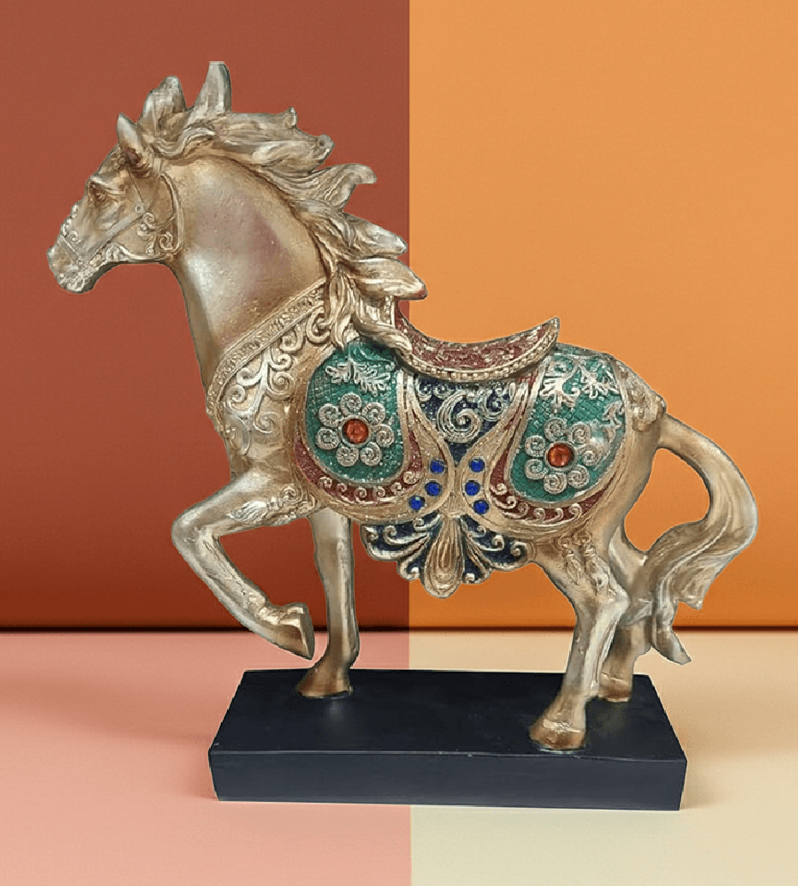 Horse Ceramic toys for home furniture Decorative Horse Statue, Vintage Style Carousel Horse Figurine with Ornate Saddle, Gold and Teal, Black Base (Size 20x5x21 cm) Horse Ceramic toys for home furniture Decorative Horse Statue,