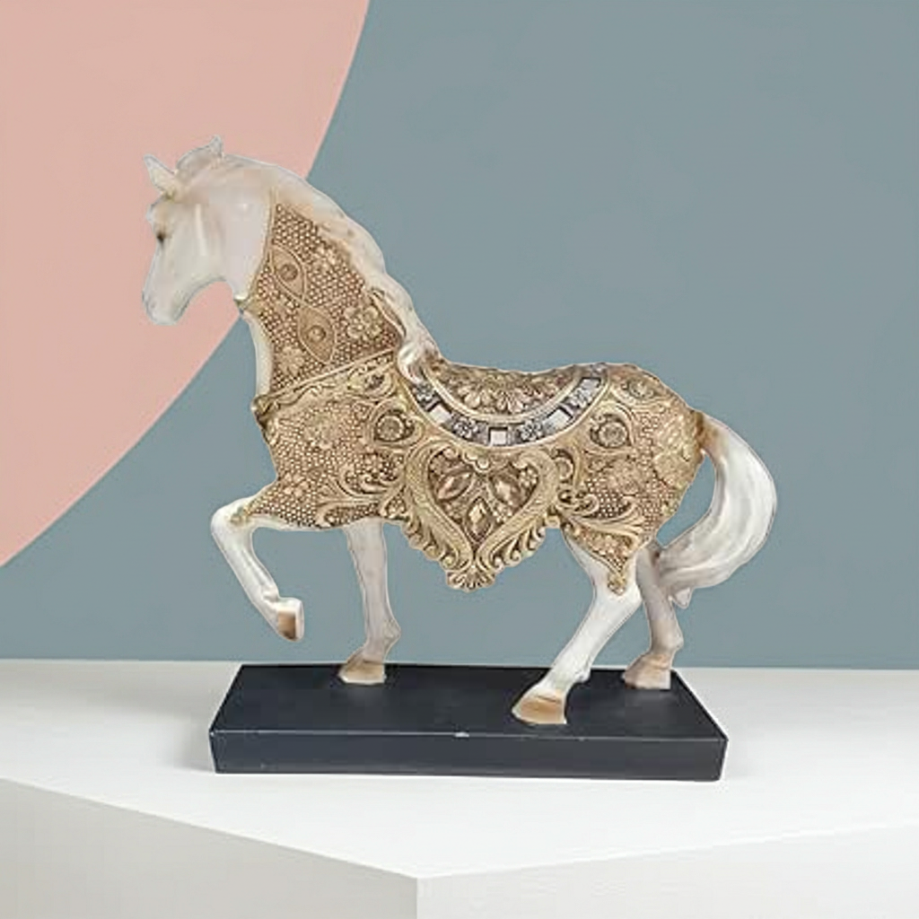 Horse White Gold Toys For Home Furniture Decorative Horse Figurine with Gold Ornate Armor, White Resin Statue on Black Base (Size 23.5cm)