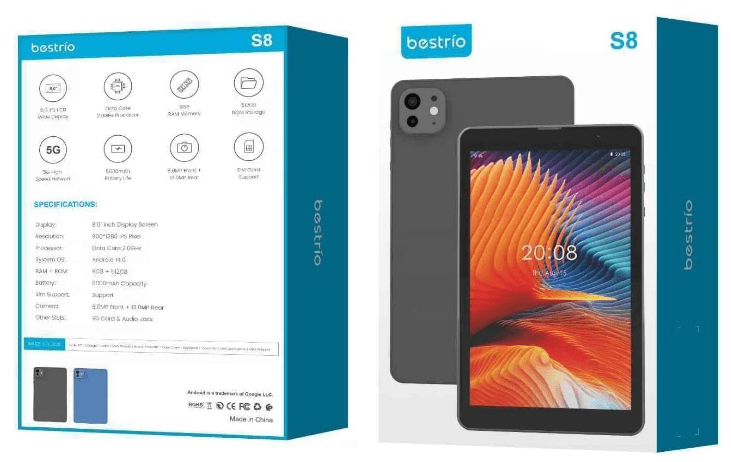 Bestrio S8 Tablet 8GB RAM 512 GB Storage, 5G Network 8 Inch IPS Display Android 14 Battery 5000mAh