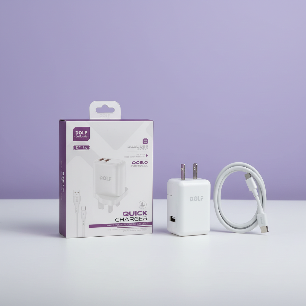 DOLF California DF-34 Quick Charger, Dual USB Output, QC6.0 Protocol, with Type-C Fast Charging Data Cable, 110-240V Wide Compatibility