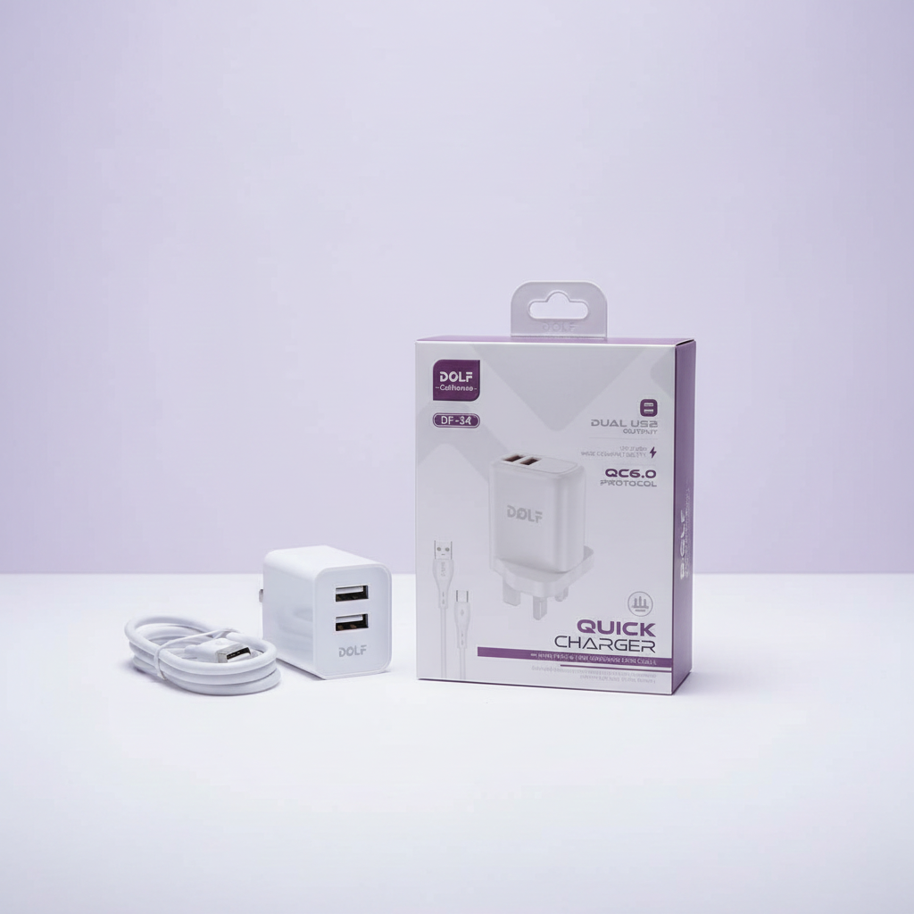 DOLF California DF-34 Quick Charger, Dual USB Output, QC6.0 Protocol, with Type-C Fast Charging Data Cable, 110-240V Wide Compatibility