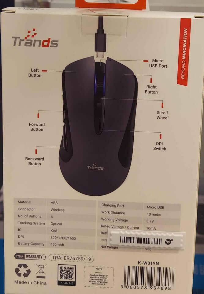 TRANDS Rechargeable Wireless 2.4G Mouse, K-W019M Silent Click Ergonomic Design USB Receiver for Laptop PC (1) Smooth & Reliable 2.4G Wireless Connectivity Enjoy a clutter-free workspace with the TRANDS Rechargeable Wireless 2.4G Mouse K-W019M, designed to deliver stable and responsive wireless performance. Using advanced 2.4GHz wireless technology, TRANDS Rechargeable Wireless 2.4G Mouse, this mouse provides a strong connection with minimal lag, ensuring smooth navigation whether you're working, browsing, or gaming. Simply plug the USB receiver into your laptop or desktop and start using it instantly—no complicated setup required. TRANDS Rechargeable Wireless 2.4G Mouse, With an impressive wireless range, you can work comfortably without being tied down by cables. It’s the perfect companion for home offices, workplaces, students, and professionals who value efficiency and convenience.